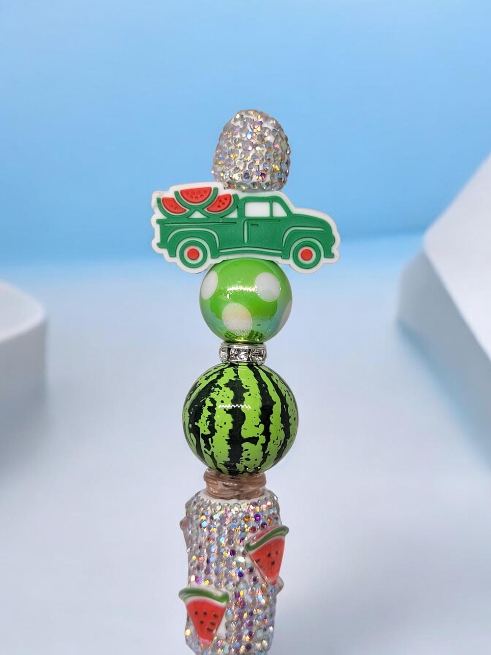 Green Watermelon Truck Beaded Charm Pen
